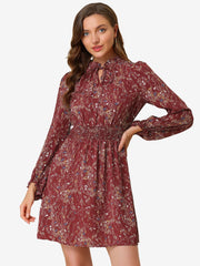Smocked Waist Tie Neck Floral Long Sleeve Dress