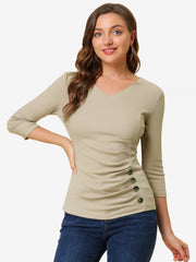 3/4 Sleeve Solid Knitted Button Decor Ruched Blouse