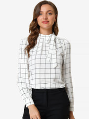 Bow Tie Neck Grid Checks Shirt Office Work Tops Blouse