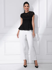 Crochet Peplum Floral Mock Neck Cap Sleeve Lace Blouse