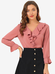 Ruffle Neck Gathered Cuff Long Sleeves Blouse
