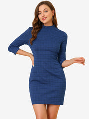 Mock Neck 3/4 Sleeve Slim Check Office Work Plaid Dress