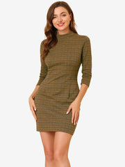 Mock Neck 3/4 Sleeve Slim Check Office Work Plaid Dress