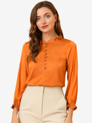 Ruffle Neck Bubble Sleeve Elastic Cuff Button Satin Blouse
