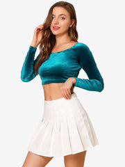 Velvet Long Sleeve Off Shoulder Solid Crop Top