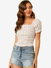 Smocked Crop Top Slim Fit Peasant Floral Blouse