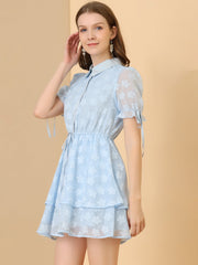 Peter Pan Collar Floral Drawstring Chiffon Layered Dress