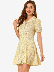 Button Up Short Sleeve A-Line Chiffon Vintage Floral Shirt Dress