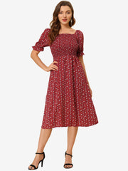 Square Neck Puff Sleeve Shirred Floral Casual Midi Dress