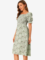 Square Neck Puff Sleeve Shirred Floral Casual Midi Dress
