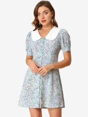 Peter Pan Collar Flowy Short Sleeve Ruffle Summer Floral Shirt Dress