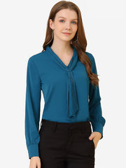 Long Sleeve Chiffon Pleated Tie Neck Office Blouse