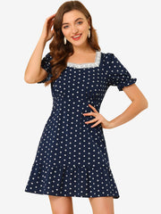 Summer Sweetheart Neck Ruffled Hem Puff Short Sleeve Polka Dots Dress