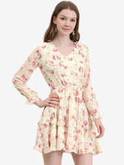 Long Sleeve V Neck Elastic Waist Ruffle Hem Chiffon Floral Dress
