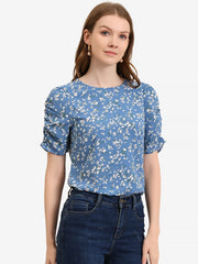 Floral Crew Neck Ruched Sleeve Casual Blouse
