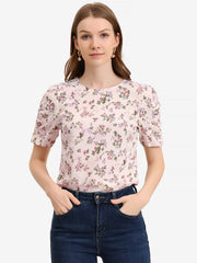 Floral Crew Neck Ruched Sleeve Casual Blouse