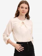 Office Keyhole Pleated 3/4 Sleeve Chiffon Blouse