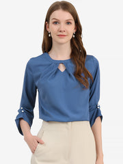 Office Keyhole Pleated 3/4 Sleeve Chiffon Blouse