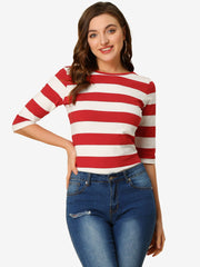 3/4 Sleeve Round Neck Casual Striped T-Shirt