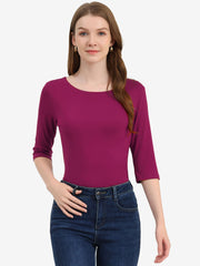 Casual Boat Neck 3/4 Sleeve Solid Basic T-shirt