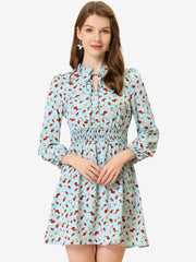 Smocked Waist Tie Neck Floral Long Sleeve Dress