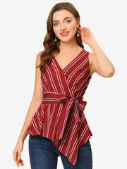 Sleeveless V Neck Tie Waist Asymmetric Hem Wrap Peplum Top