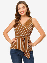 Sleeveless V Neck Tie Waist Asymmetric Hem Wrap Peplum Top