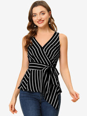 Sleeveless V Neck Tie Waist Asymmetric Hem Wrap Peplum Top