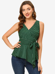 Sleeveless V Neck Tie Waist Asymmetric Hem Wrap Peplum Top