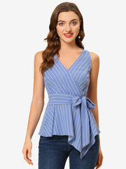 Sleeveless V Neck Tie Waist Asymmetric Hem Wrap Peplum Top