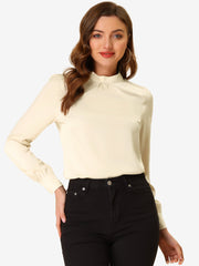 Satin Blouse Puff Sleeve Stand Collar Work Top