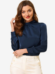 Satin Blouse Puff Sleeve Stand Collar Work Top