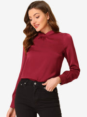 Satin Blouse Puff Sleeve Stand Collar Work Top