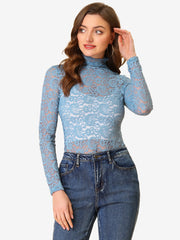 See Through Long Sleeve Turtleneck Sheer Floral Lace Blouse