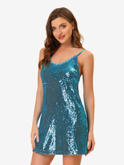 Glitter Sequin V Neck Spaghetti Strap Mini Party Dress