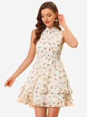 Floral A-line Smocked Waist Tiered Ruffled Chiffon Mini Dress