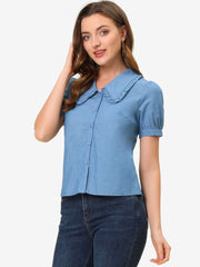 Chambray Shirt Peter Pan Collar Puff Sleeve Vintage Denim Blouse