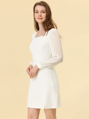 Elegant Mesh Sleeve Split Side A-Line Casual Square Neck Dress