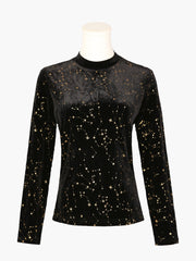 Velvet Blouse Stand Collar Long Sleeve Stars Tops