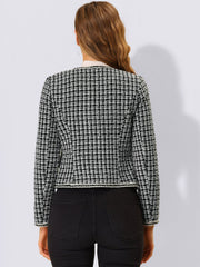 Plaid Tweed Long Sleeve Open Front Work Office Cropped Jacket Blazer