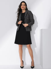 Tweed Plaid Long Sleeves Notched Lapel Open Front Blazer Jacket