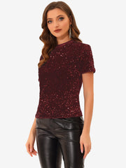 Glitter Sequin Velvet Crew Neck Short Sleeve Party Clubwear Blouse