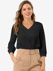 Casual Office Blouse 3/4 Sleeve V Neck Satin Shirt