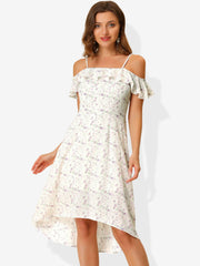 Spaghetti Strap Asymmetrical High Low Floral A-Line Midi Dress