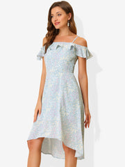 Spaghetti Strap Asymmetrical High Low Floral A-Line Midi Dress