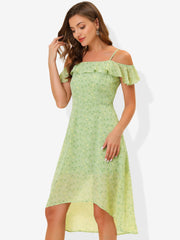 Spaghetti Strap Asymmetrical High Low Floral A-Line Midi Dress