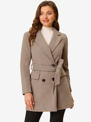 Notch Lapel Double Breasted Belted Mid Long Outwear Winter Coat