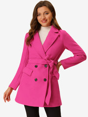 Notch Lapel Double Breasted Belted Mid Long Outwear Winter Coat