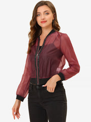 Zip Up See Through Lightweight Long Sleeve Mesh Bomber Jacket