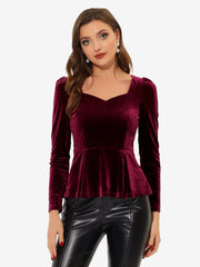 Velvet Blouse Elegant Sweetheart Neck Long Sleeve Peplum Top